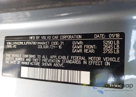 2018 Volvo S90 T6 Inscription z USA, uszkodzony, nr VIN LVYA22MLXJP047861